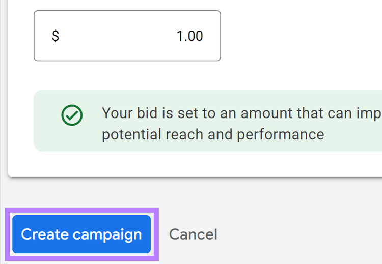 Botón “Crear campaña” en Google Ads
