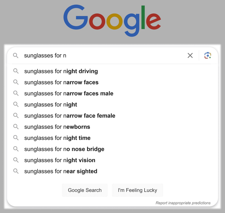Sugerencias de autocompletar de Google al escribir "gafas de sol para n" en la barra de búsqueda