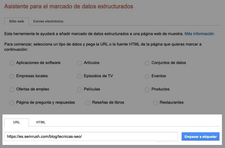 Asistente Google datos estructurados con URL Semrush y botón Empezar etiquetar