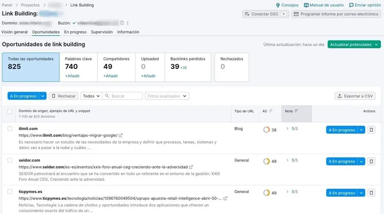 Oportunidades Link Building: 825 oportunidades, 49 competidores, 39 backlinks pendientes