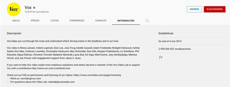 Página canal YouTube Vox con descripción y estadísticas del canal