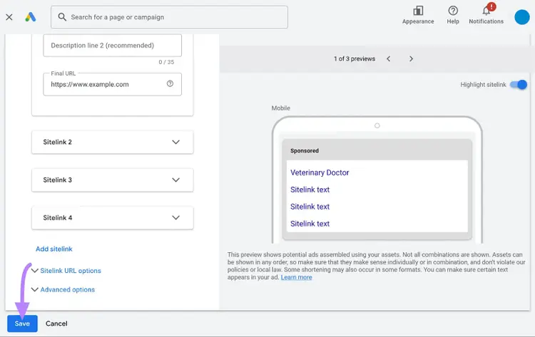 Rellenar la información de un activo sitelink