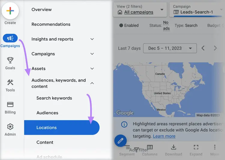 Ubicaciones en la barra lateral de Google Ads