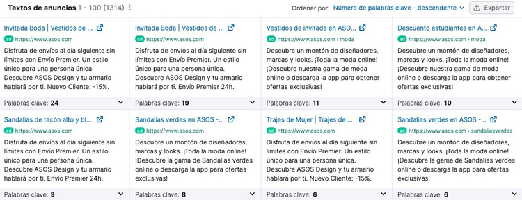 Panel de textos de anuncios mostrando variaciones de copias publicitarias