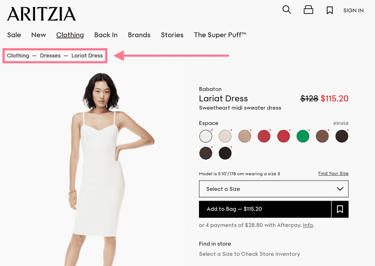 Ejemplo de breadcrumbs en la web de Aritzia