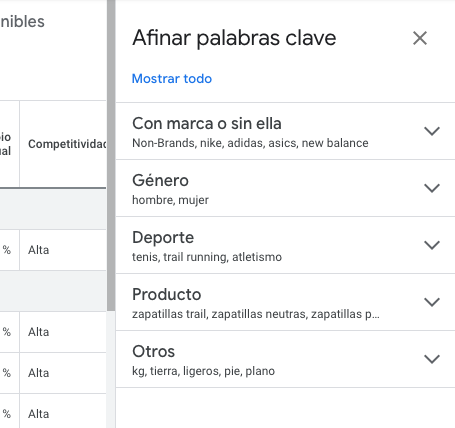 Keyword Planner filter dialog for keyword field with 'contains' matching option