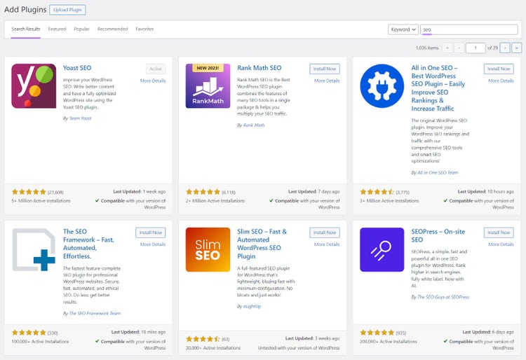 Página de plugins SEO de WordPress