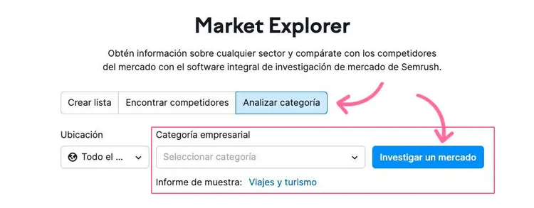 Market Explorer interfaz para crear lista, encontrar competidores, analizar categoría empresarial