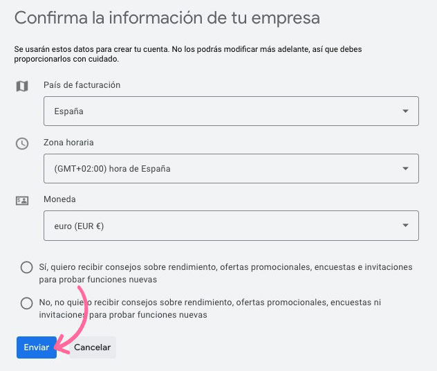 Google Ads company information form confirming billing country and timezone