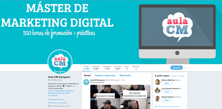 Encabezado Twitter Aula CM promocionando Máster Marketing Digital con 350 horas