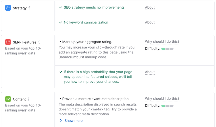 Ideas de optimización divididas por estrategia, características serp y secciones de contenido en la herramienta Comprobador SEO On-Page