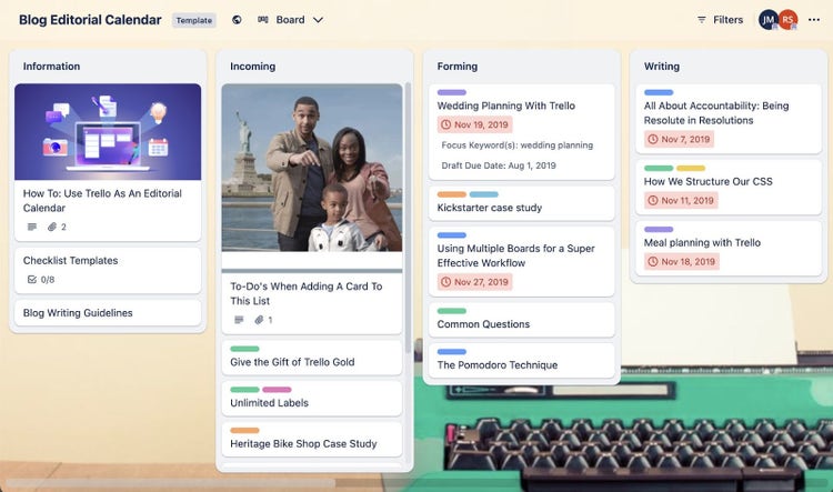 Calendario editorial del blog de demostración de Trello con columnas y tarjetas para las distintas partes del proceso de creación de contenidos.