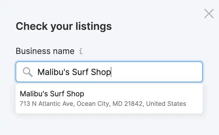 "Malibu's Surf Shop"introducido en "Nombre comercial" campo
