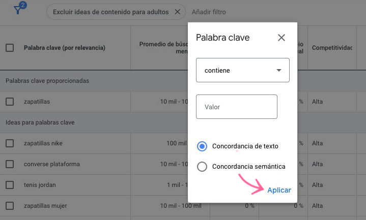 Keyword Planner filter dialog for keyword field with word match options