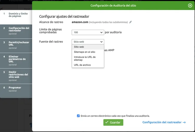Selección fuente rastreo dropdown configuración