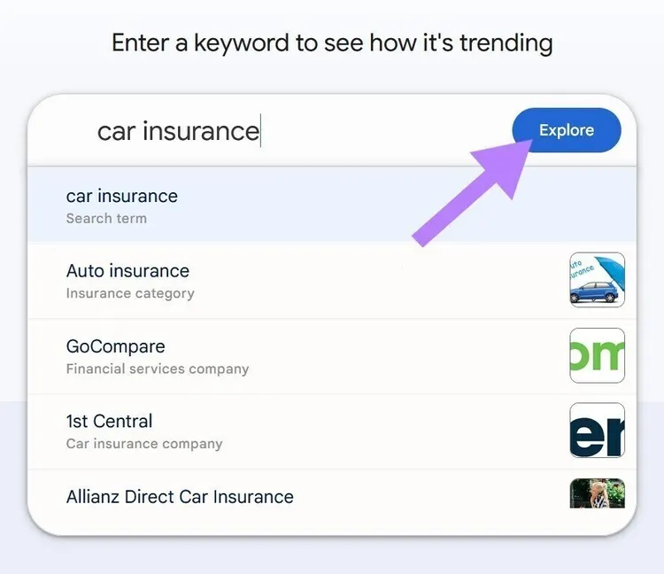 Página de Google Trends con las palabras clave "seguro de coche" en la barra de búsqueda y el botón "explorar" resaltado