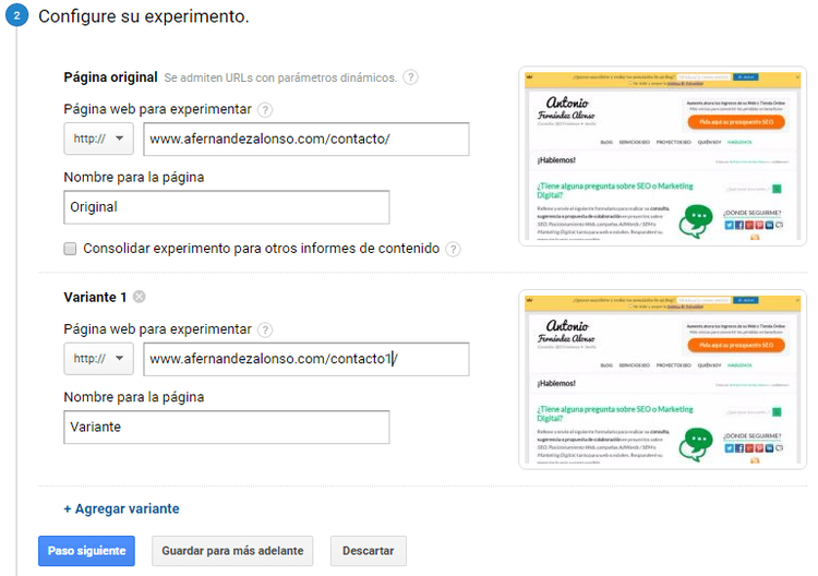 Configuración de la página original y su variante en el experimento