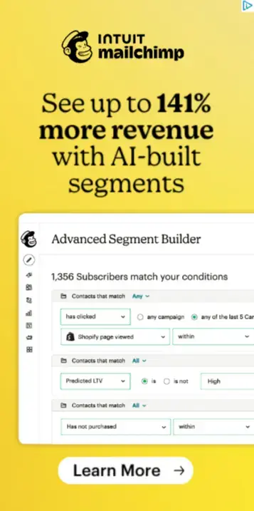 Anuncio publicitario de Mailchimp que destaca las funciones creadas por la IA
