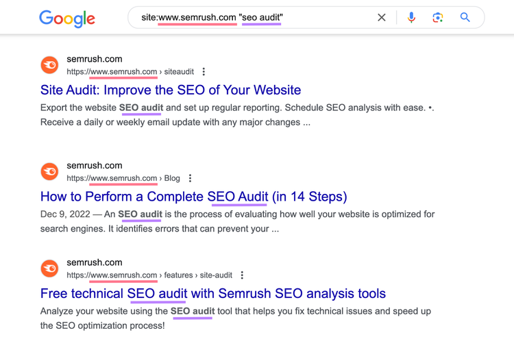 buscar "site: www.semrush.com"seo audit "" muestra la lista de urls en semrush con la palabra clave mencionada