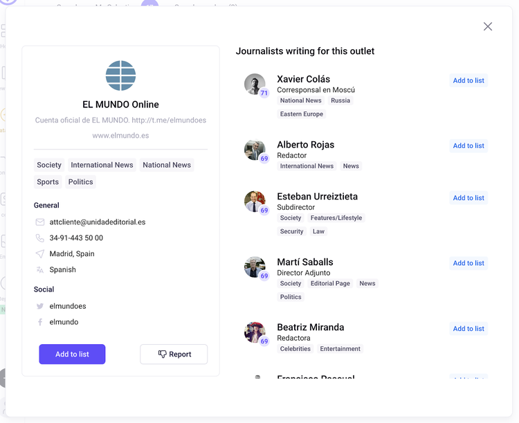 Lista de periodistas para El MUNDO Online con nombres y especialidades
