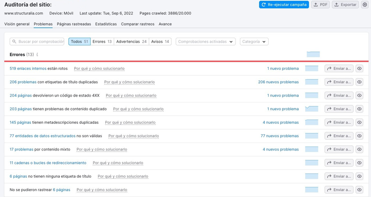 Pestaña Errores en Site Audit con listado de problemas técnicos