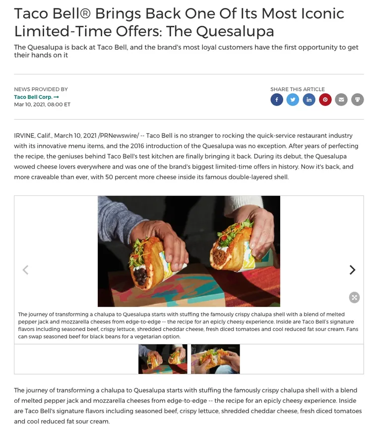Comunicado de prensa Taco Bell Quesalupa