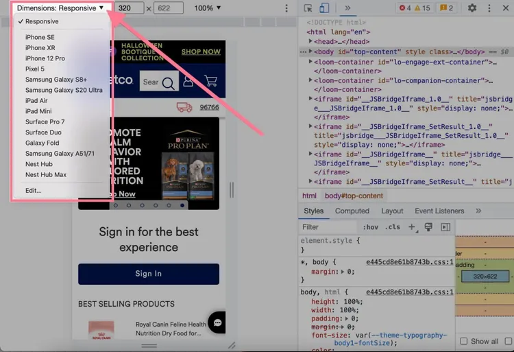 DevTools Chrome modo responsive con dropdown dimensiones 320 x 622