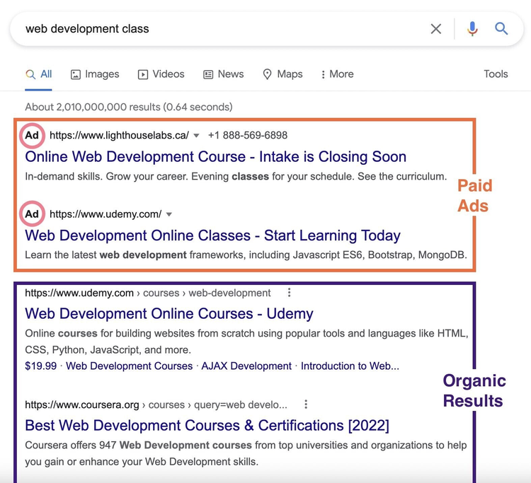 resultados orgánicos frente a resultados de pago en la búsqueda de Google