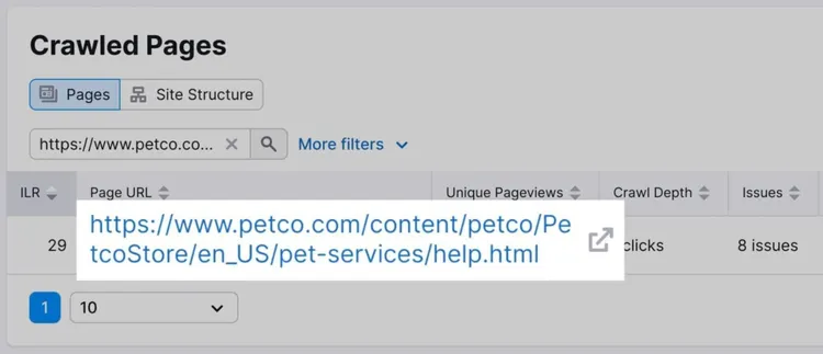 Informe de páginas rastreadas para una URL