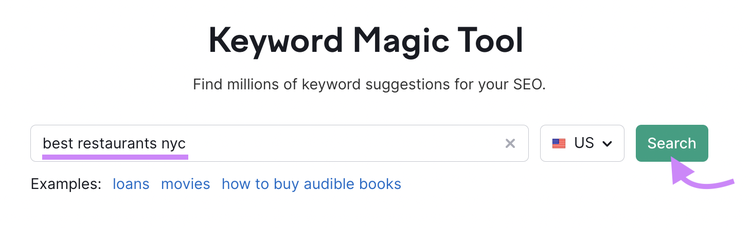 "mejores restaurantes nyc" introducido en la barra de búsqueda de Keyword Magic Tool