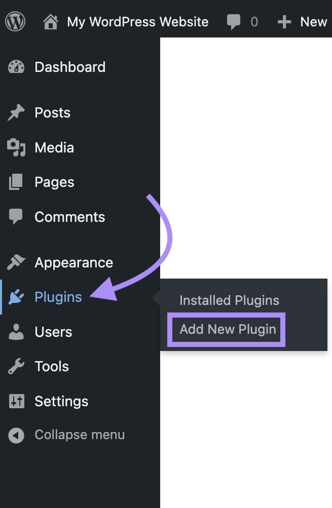 Opción de plugins en el panel de administración de WordPress
