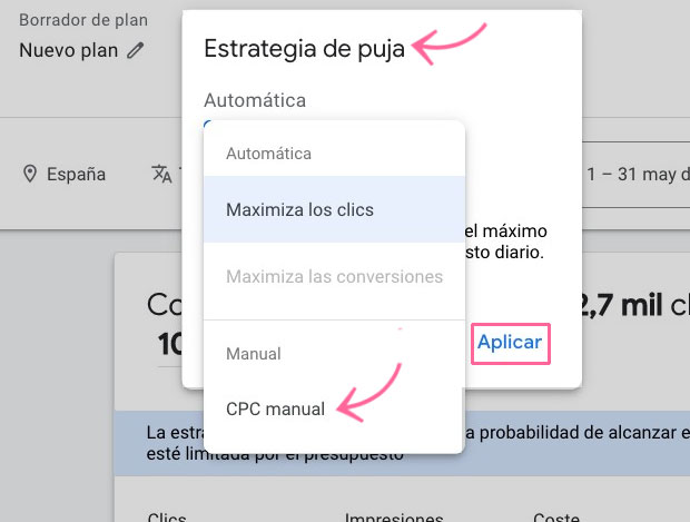 Menú desplegable de estrategia de puja con opciones de puja automática o manual