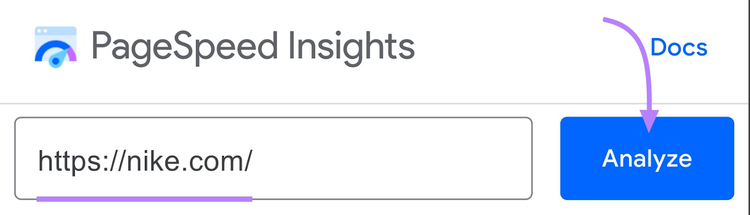 Barra de búsqueda de PageSpeed Insights