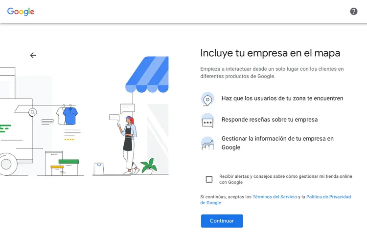 Google interfaz 'Incluye tu empresa en el mapa' con beneficios visuales