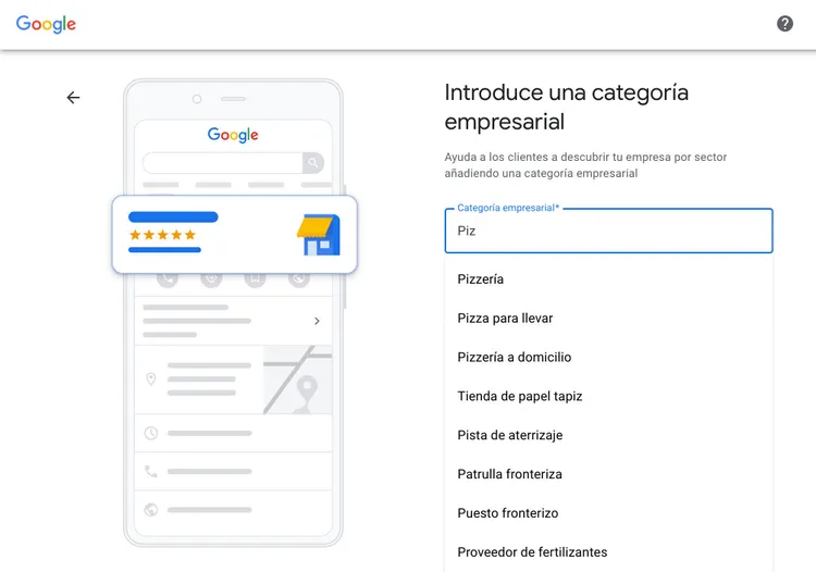Google Business Setup introduciendo categoría empresarial con opciones