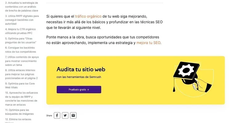 Continuación artículo blog con CTA auditaría sitio en caja amarilla y botón azul destacado
