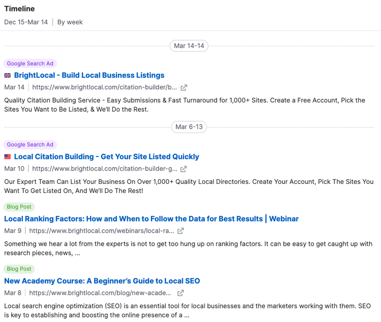 Semrush EyeOn línea tiempo anuncios blog texto