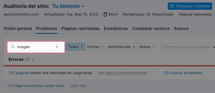 Búsqueda de imagen en Site Audit mostrando problemas relacionados