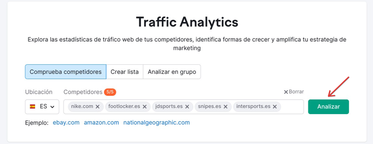 Interfaz Traffic Analytics para agregar y comparar competidores