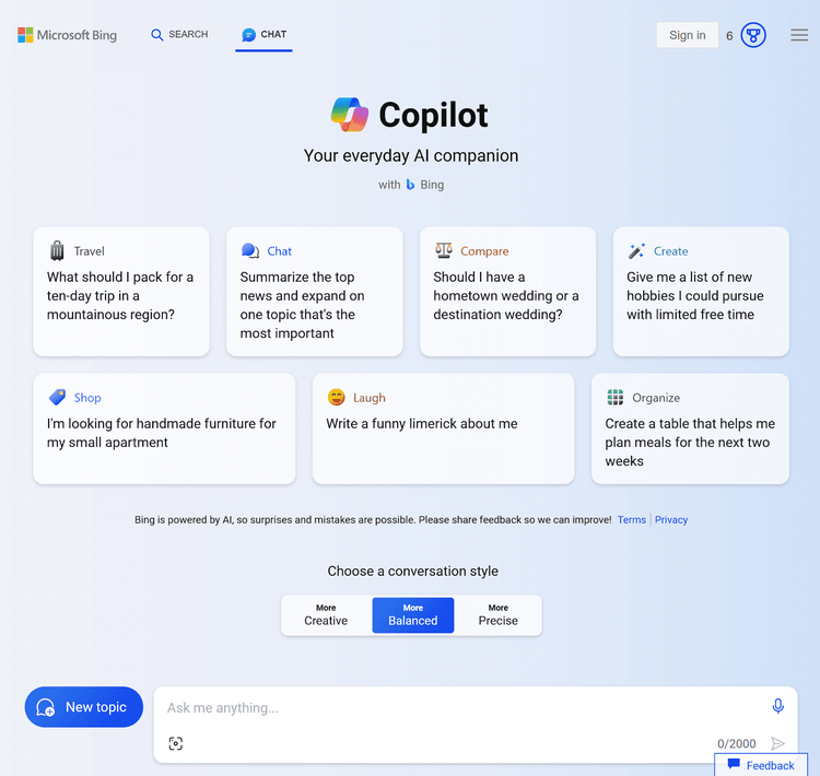 Interfaz de usuario del asistente Copilot de Bing