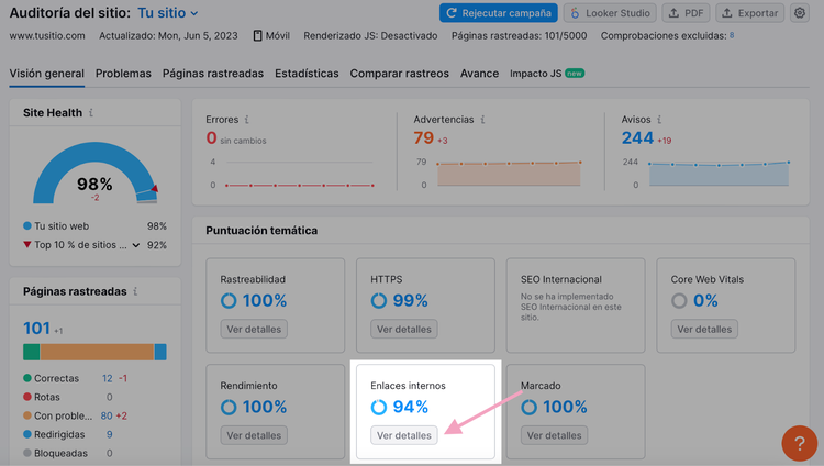 Analizar enlaces internos con Auditoría del sitio de Semrush