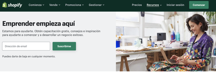 Shopify: página Emprender aquí con email de suscripción y foto de mujer