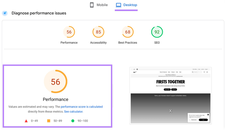 Sección de puntuación de rendimiento de Google PageSpeed Insights