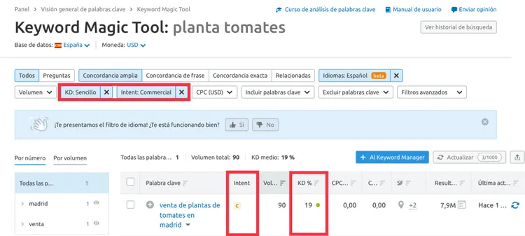 Keyword Magic Tool: filtros dificultad comercial aplicados