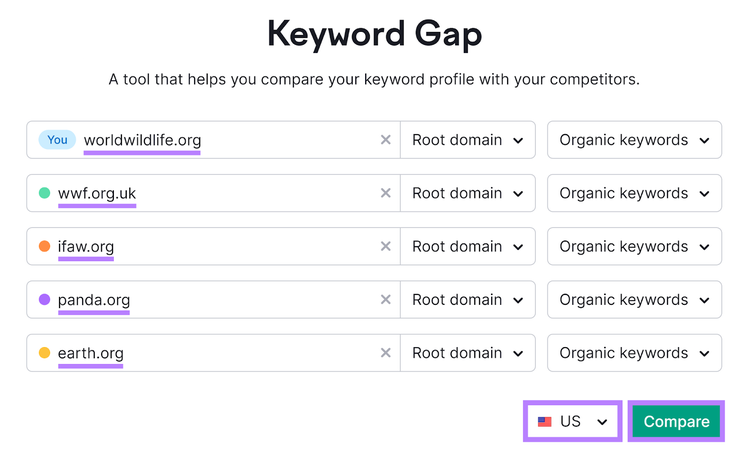 La herramienta Semrush Keyword Gap comienza con los dominios introducidos, la ubicación configurada en EE. UU. y el botón de comparación resaltado.