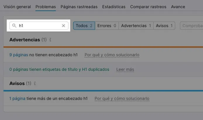 Semrush Site Audit problemas búsqueda h1 errores advertencias avisos