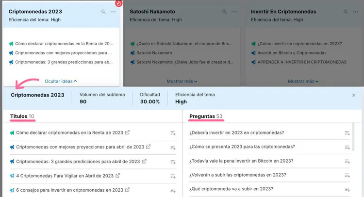 Semrush Topic Research resultados criptomonedas con 3 pestañas datos