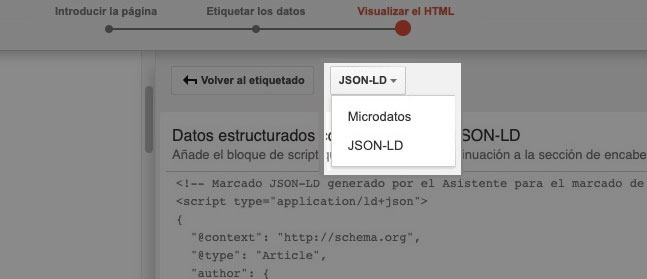 Asistente Google pestaña Visualizar HTML mostrando código JSON-LD generado