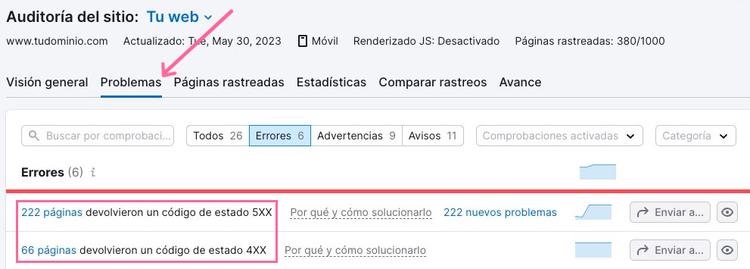 Comprobar los códigos de estado 4XX con Auditoría del sitio de Semrush