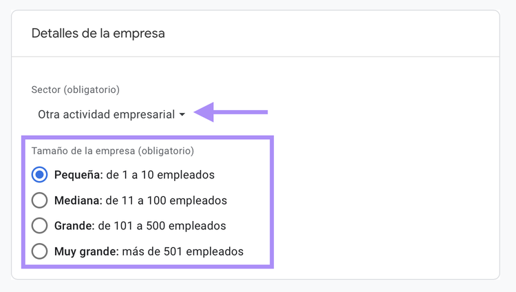 Selecciona el tamaño de tu negocio